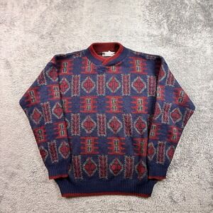 Hess's Mens M Vintage 80s Italy Wool Geometric Tribal Intarsia Knit Sweater Navy